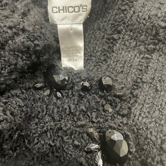 CHICOS TWEED SWEATER BLACK JEWELED Sz M FRINGED EMBELLISHMENT SOPHISTICATED - Picture 2 of 16